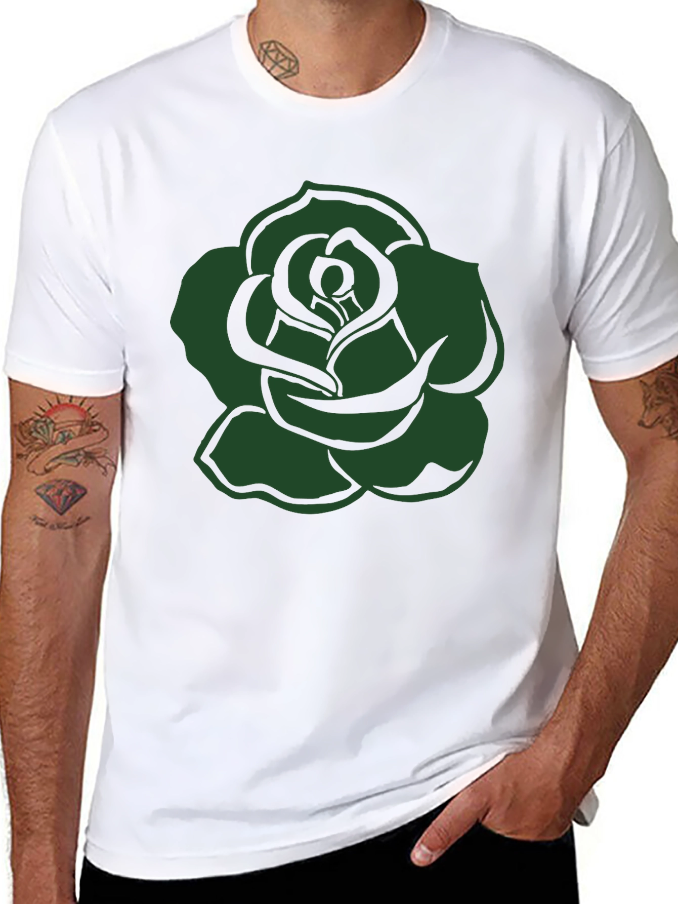 Black T-Shirt with Green Rose Graphic