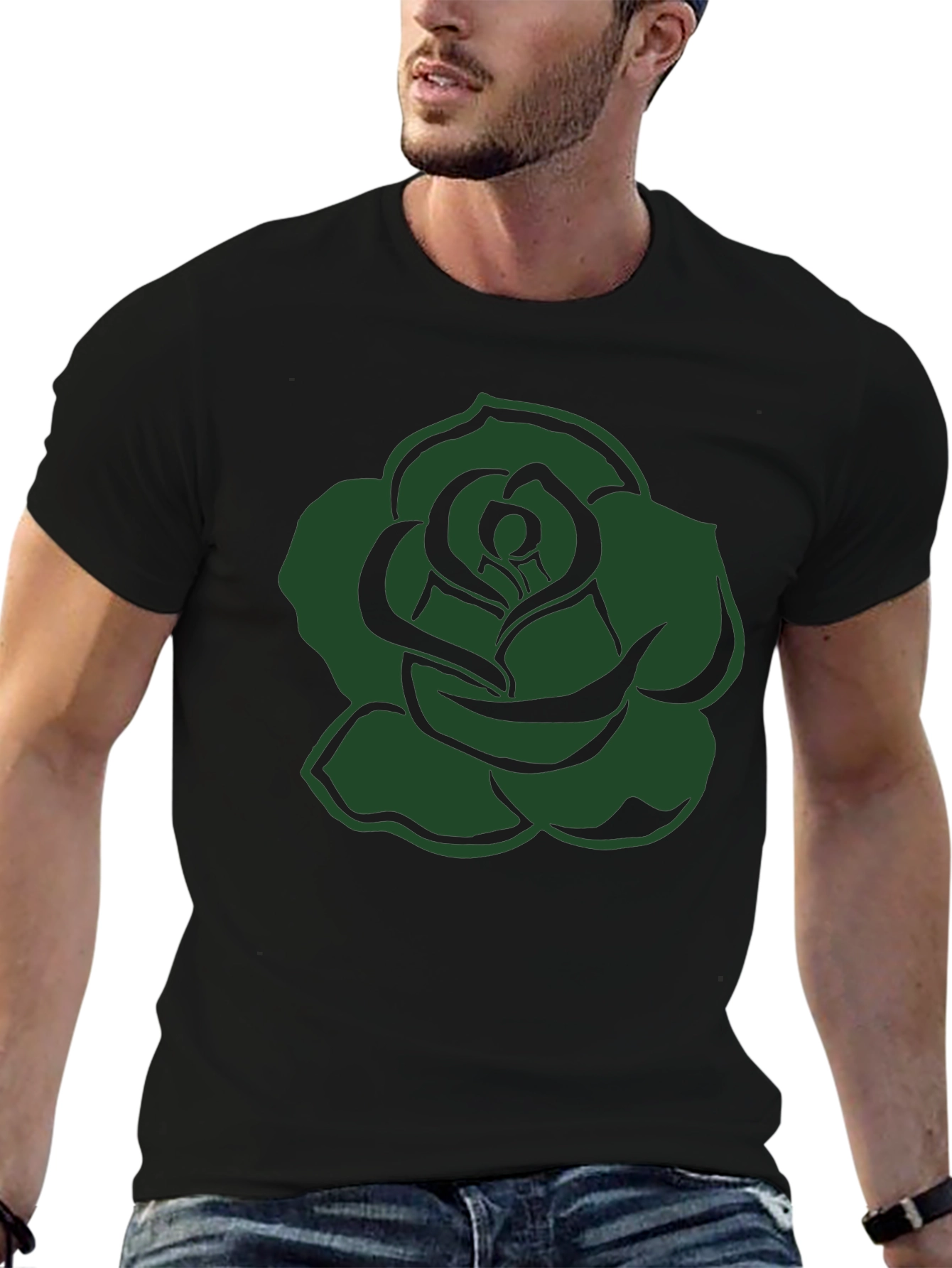 Black T-Shirt with Green Rose Graphic