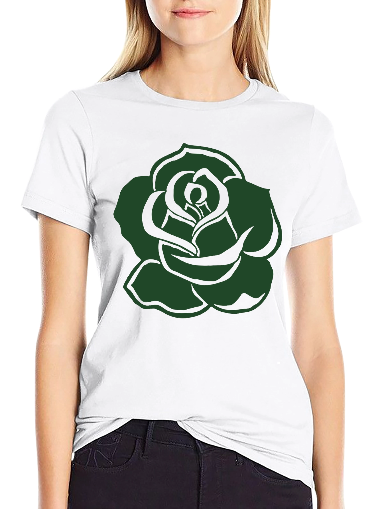 Black T-Shirt with Green Rose Graphic