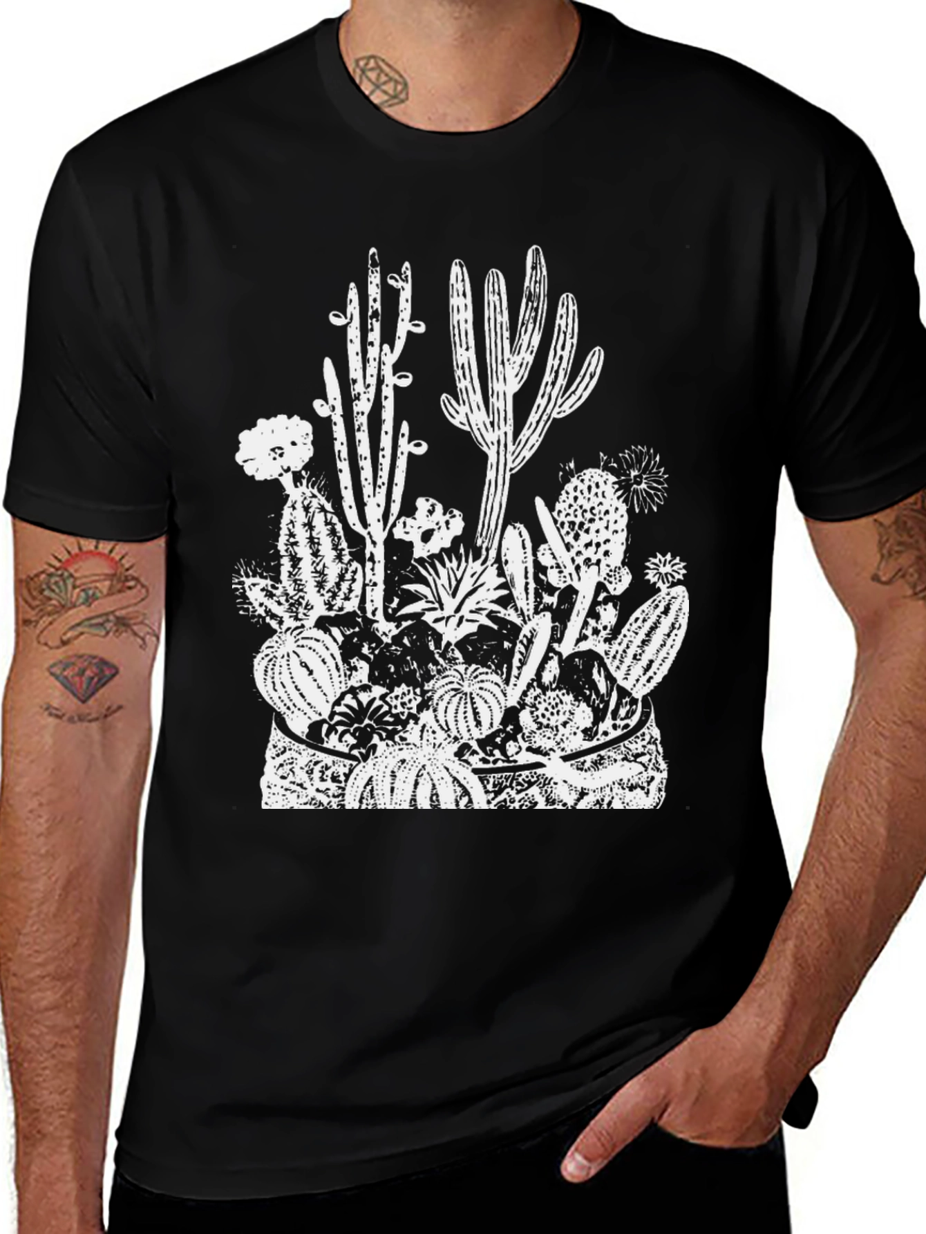 Cactus Print Black Tee - Desert Style