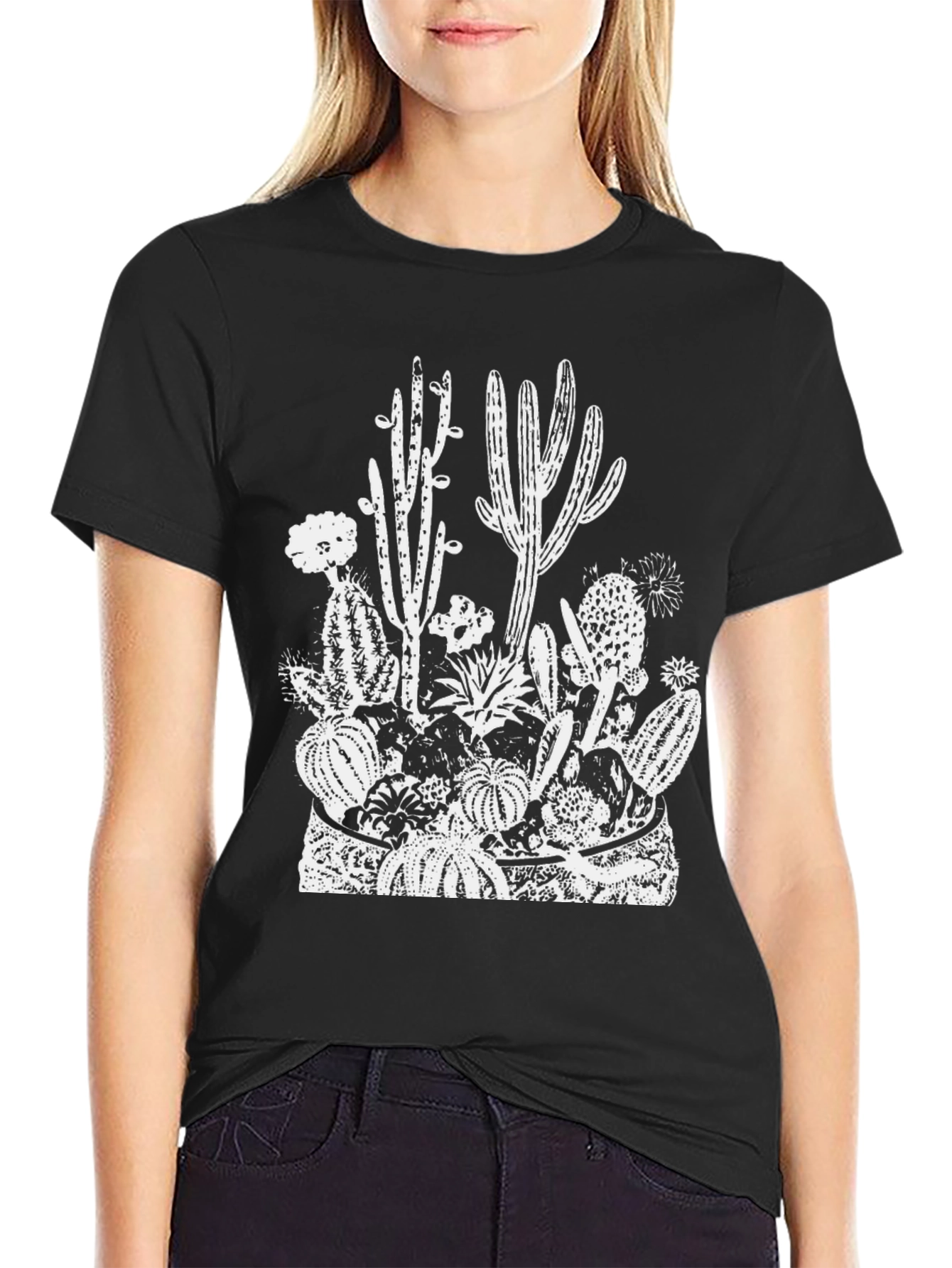 Cactus Print Black Tee - Desert Style