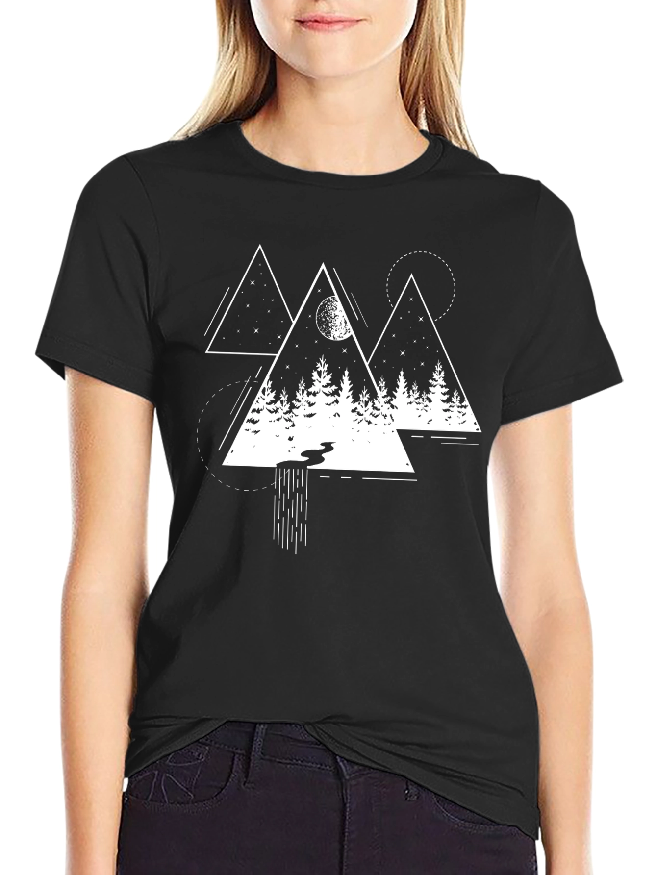 Geometric Mountain Scene Graphic Tee - Black