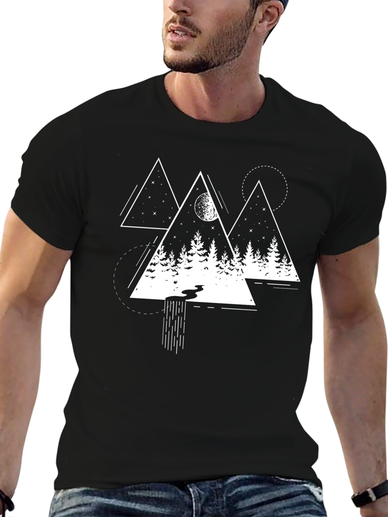 Geometric Mountain Scene Graphic Tee - Black