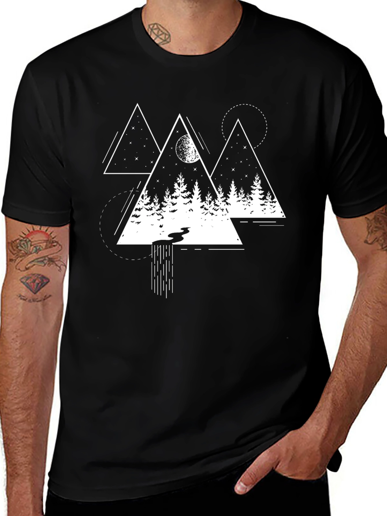 Geometric Mountain Scene Graphic Tee - Black