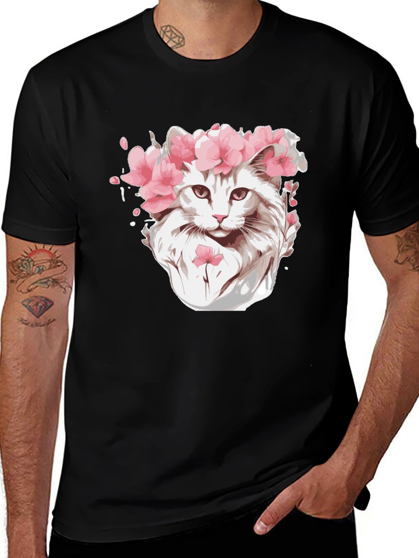 Cat with Flower Crown Black T-Shirt