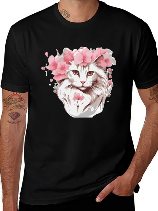 Cat with Flower Crown Black T-Shirt