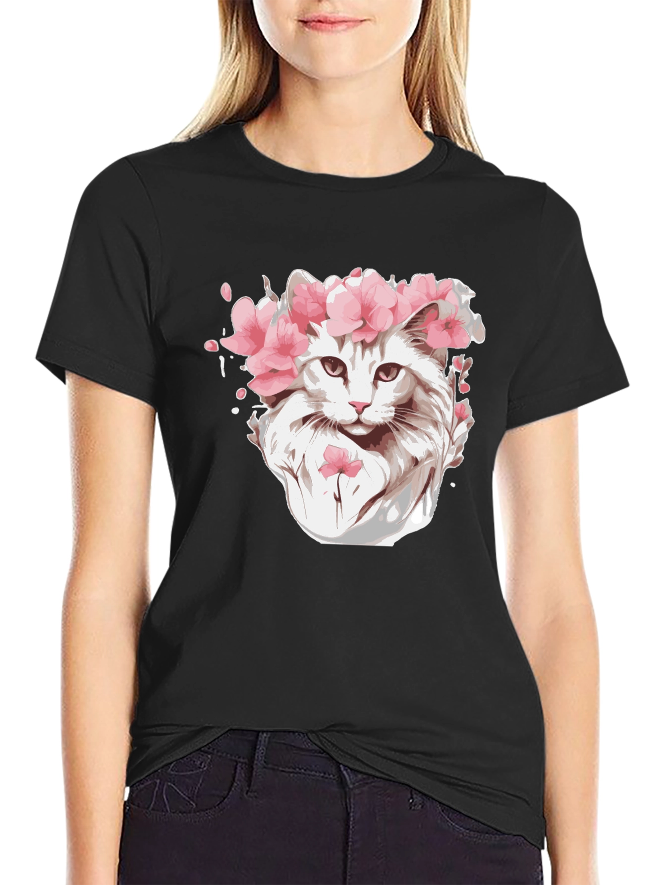 Cat with Flower Crown Black T-Shirt