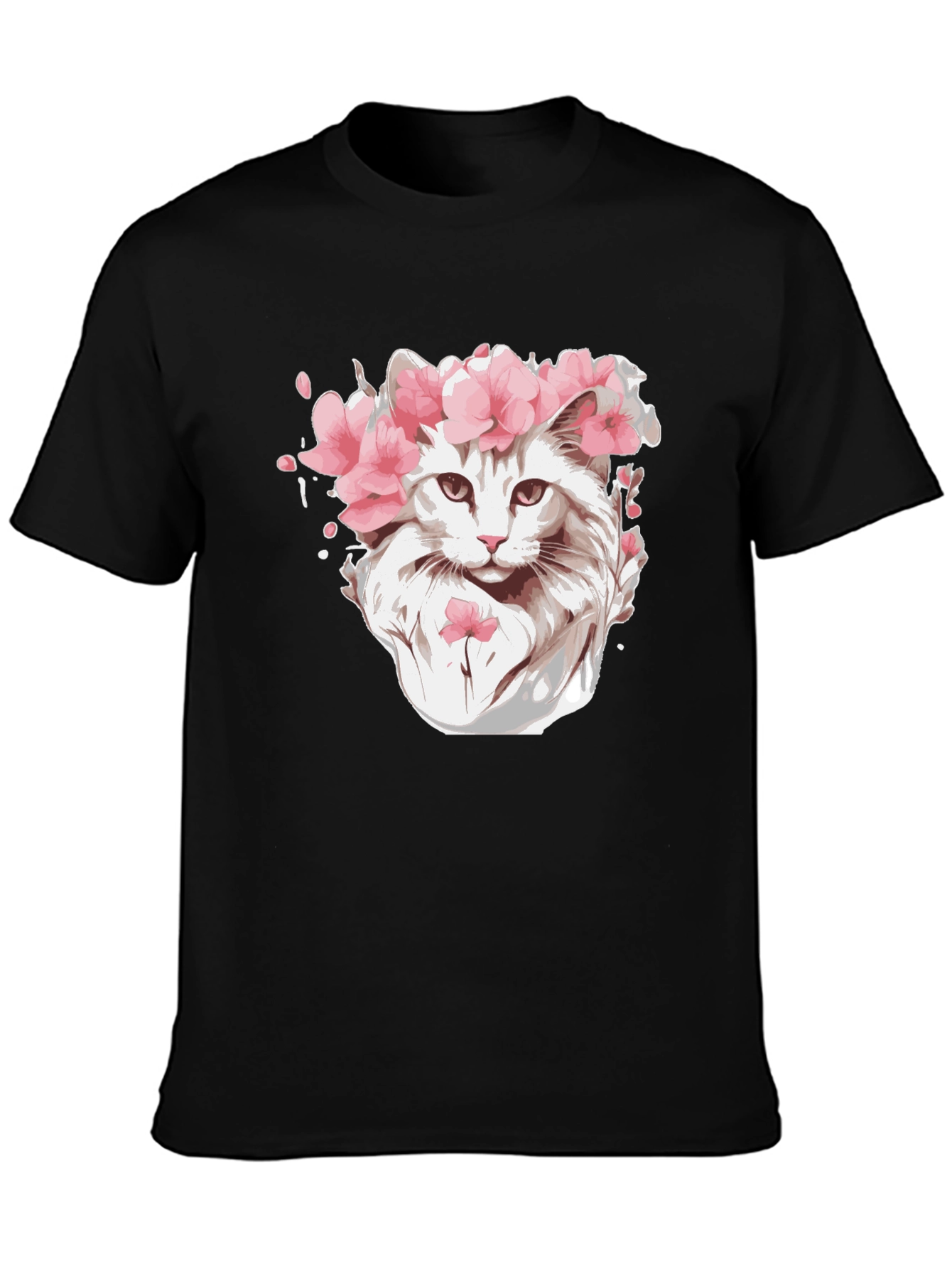 Cat with Flower Crown Black T-Shirt