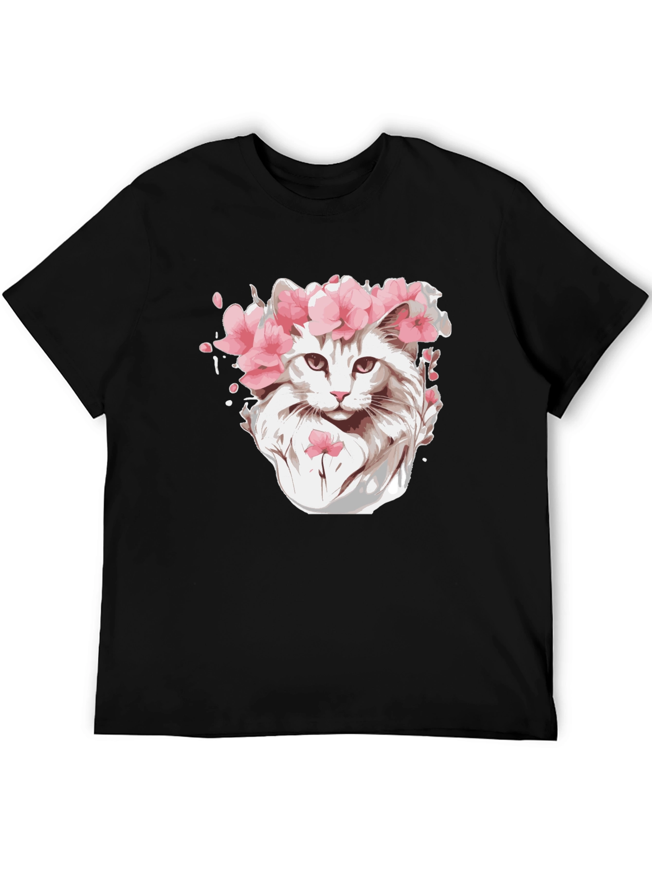 Cat with Flower Crown Black T-Shirt