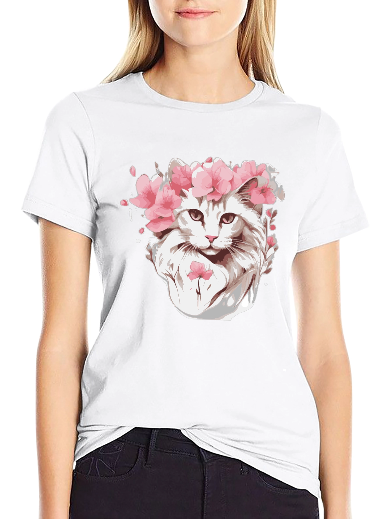 Cat with Flower Crown Black T-Shirt