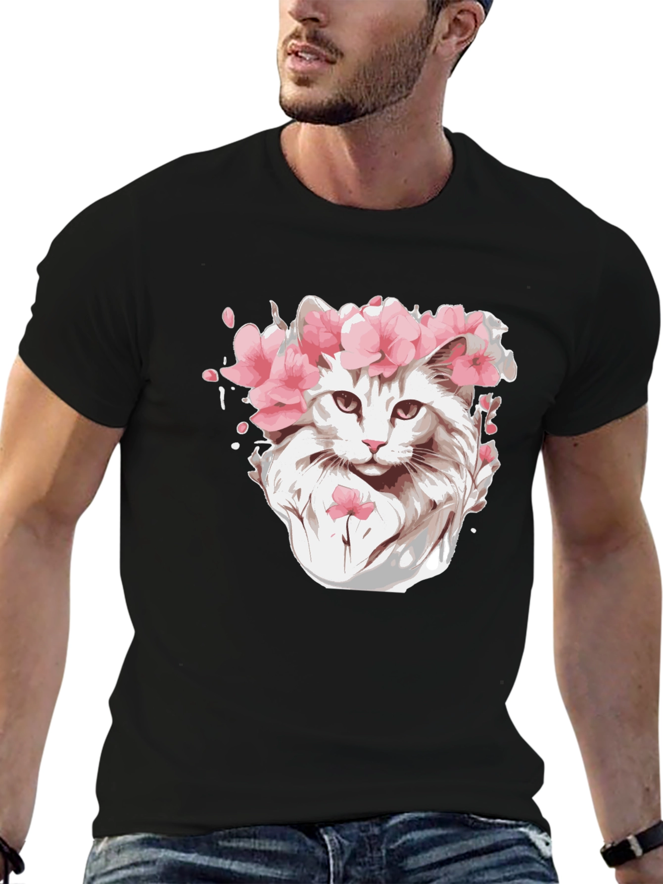 Cat with Flower Crown Black T-Shirt