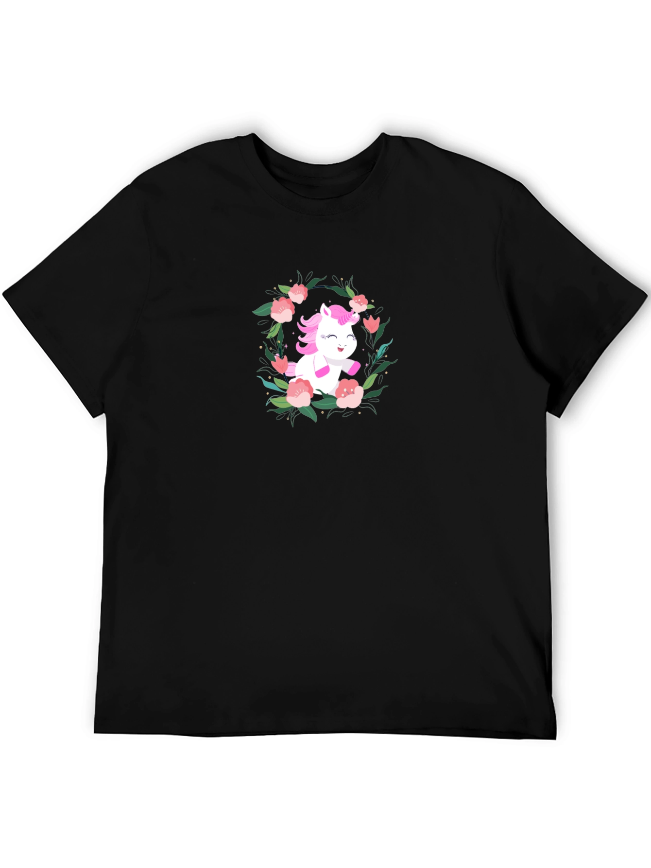 Unicorn Floral Wreath Black T-Shirt