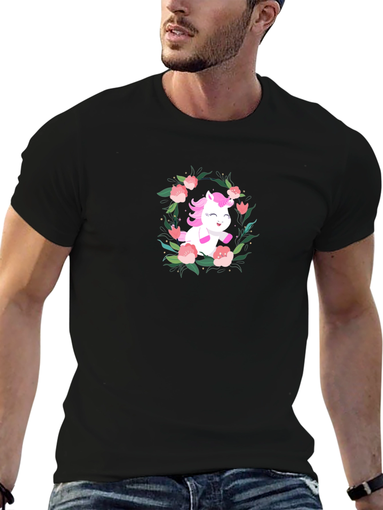 Unicorn Floral Wreath Black T-Shirt