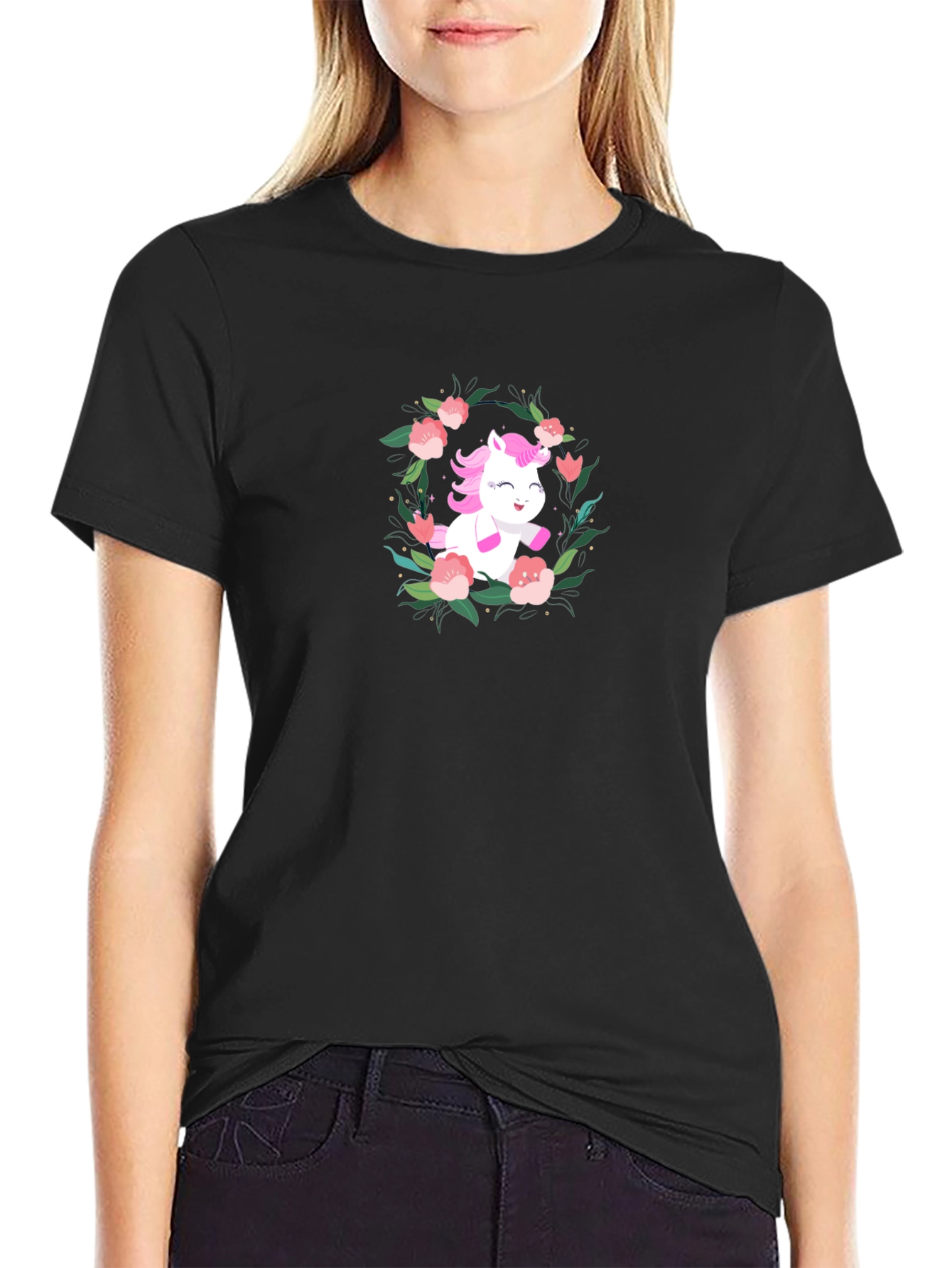 Unicorn Floral Wreath Black T-Shirt