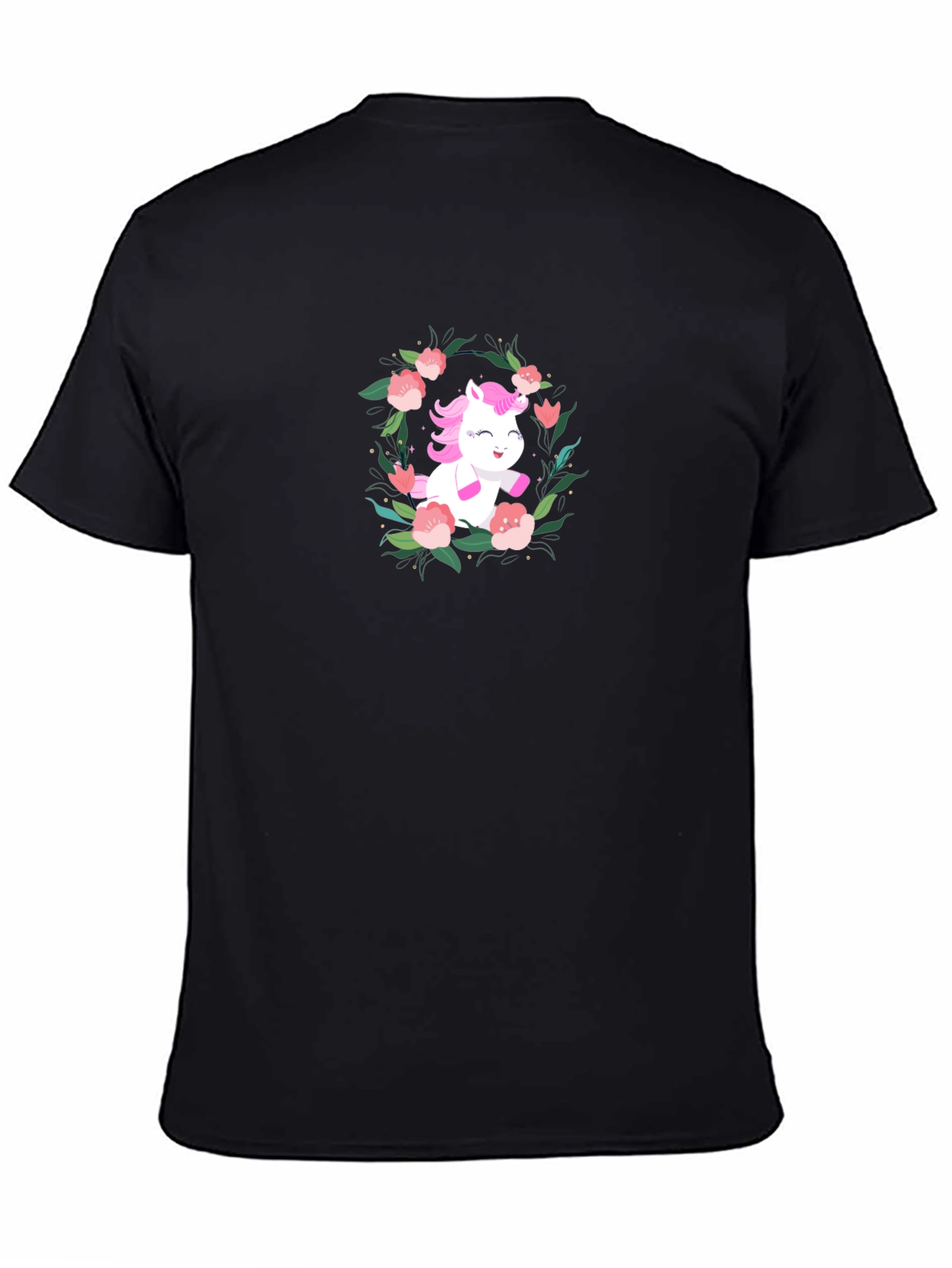 Unicorn Floral Wreath Black T-Shirt