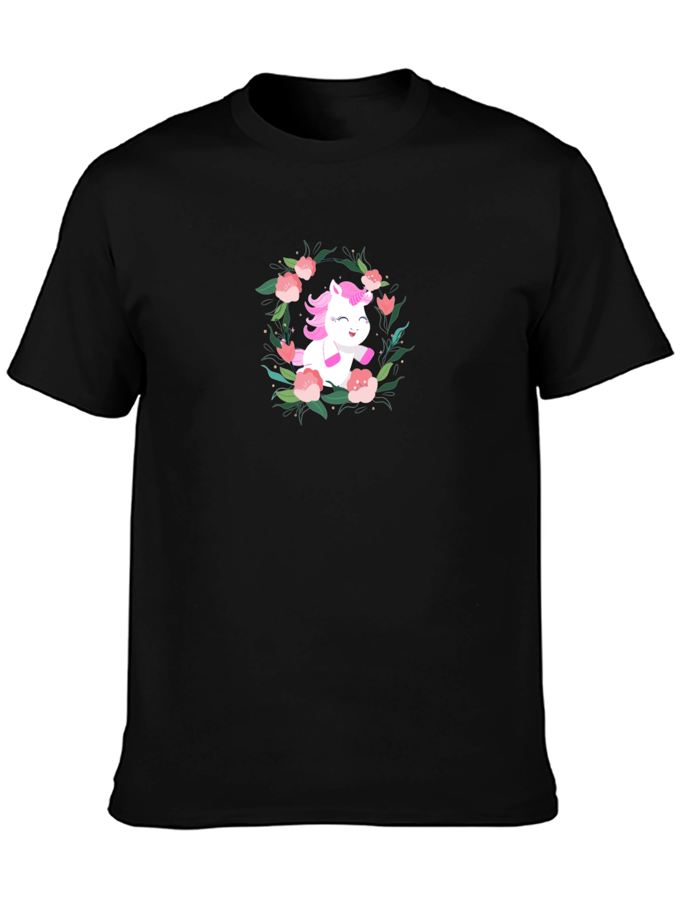 Unicorn Floral Wreath Black T-Shirt