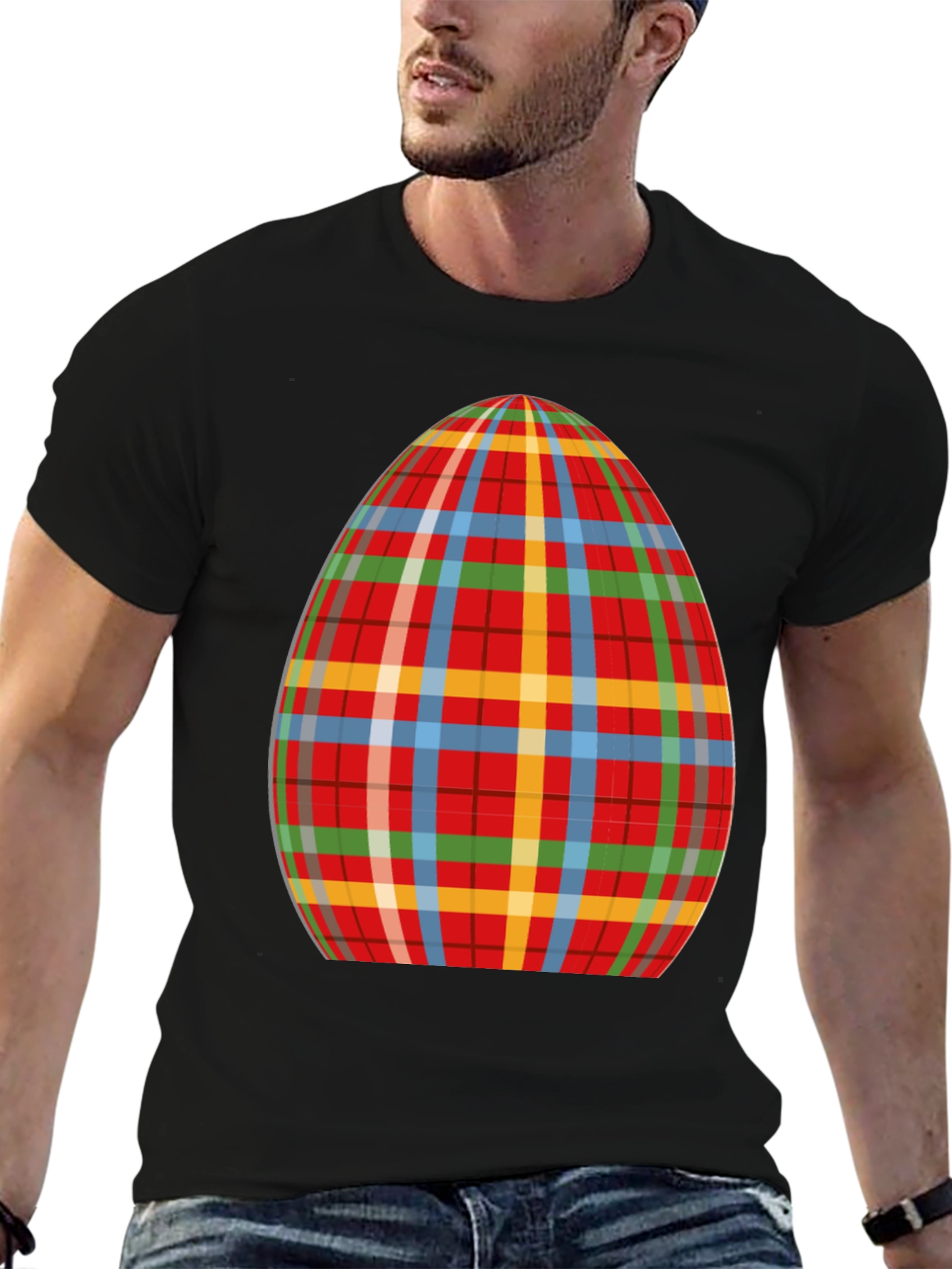 Plaid Easter Egg Graphic Tee - Novelty Holiday T-Shirt