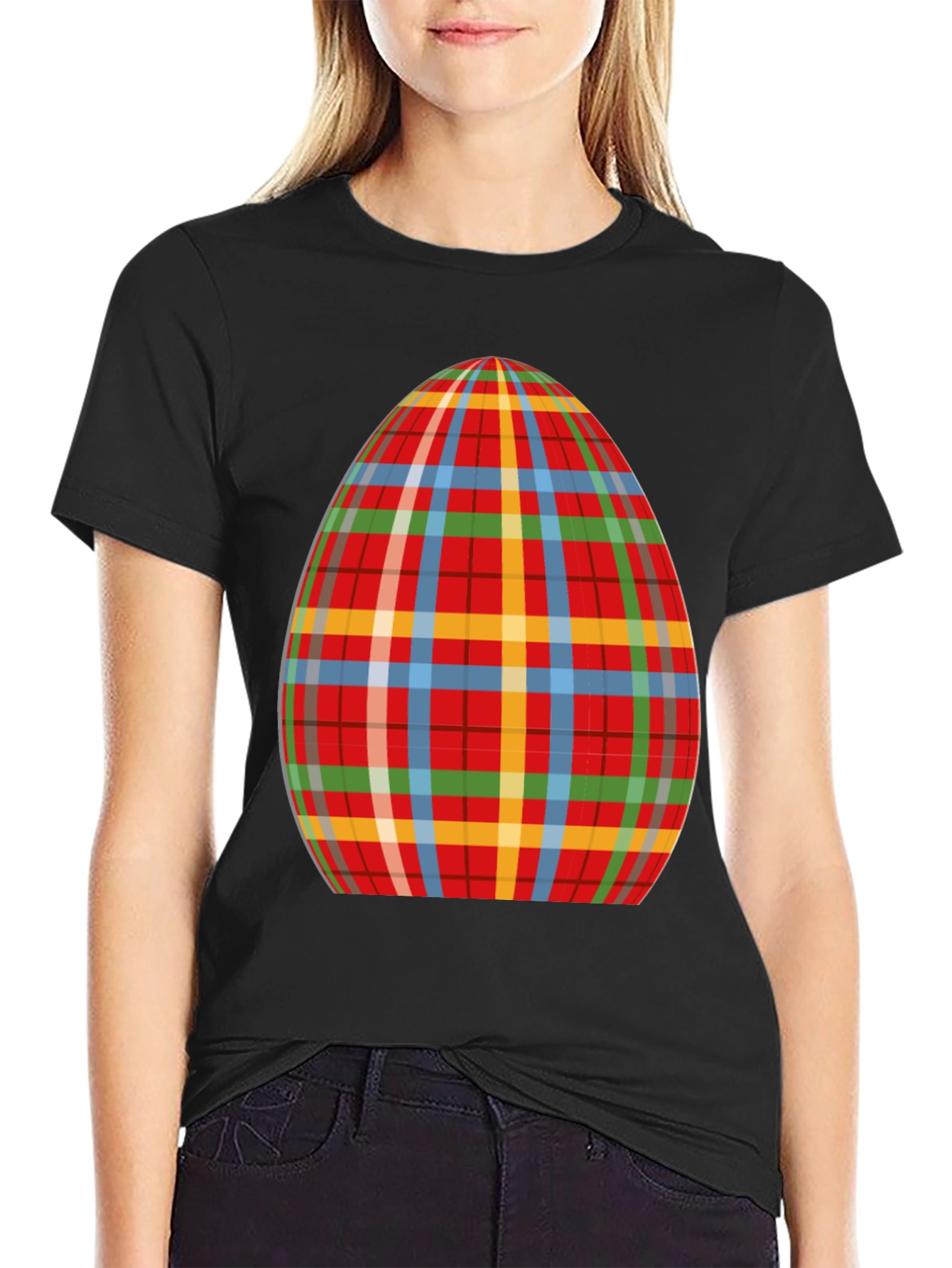 Plaid Easter Egg Graphic Tee - Novelty Holiday T-Shirt