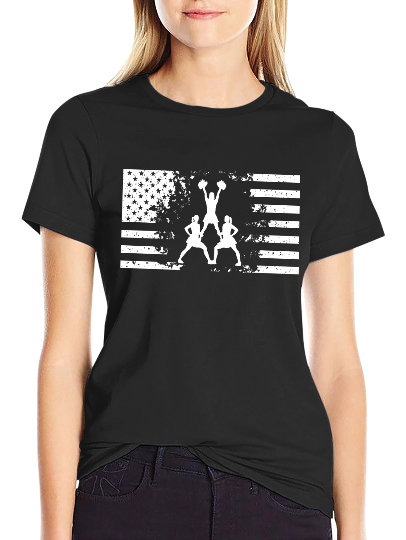 USA Flag Cheerleader Graphic Tee - Black