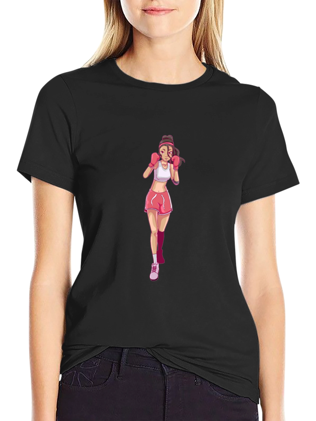 Boxing Girl Graphic Tee - Black Cotton T-Shirt