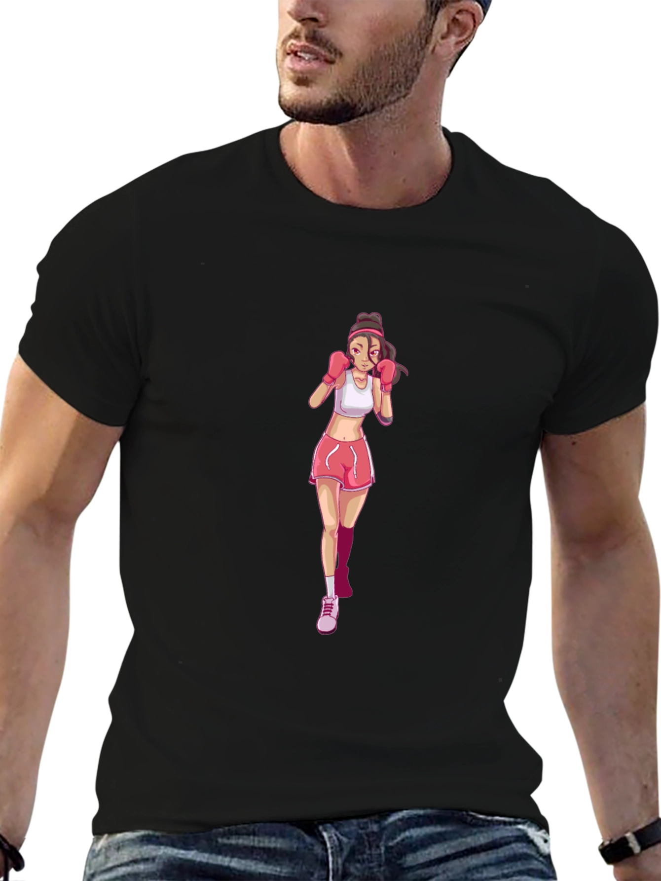 Boxing Girl Graphic Tee - Black Cotton T-Shirt