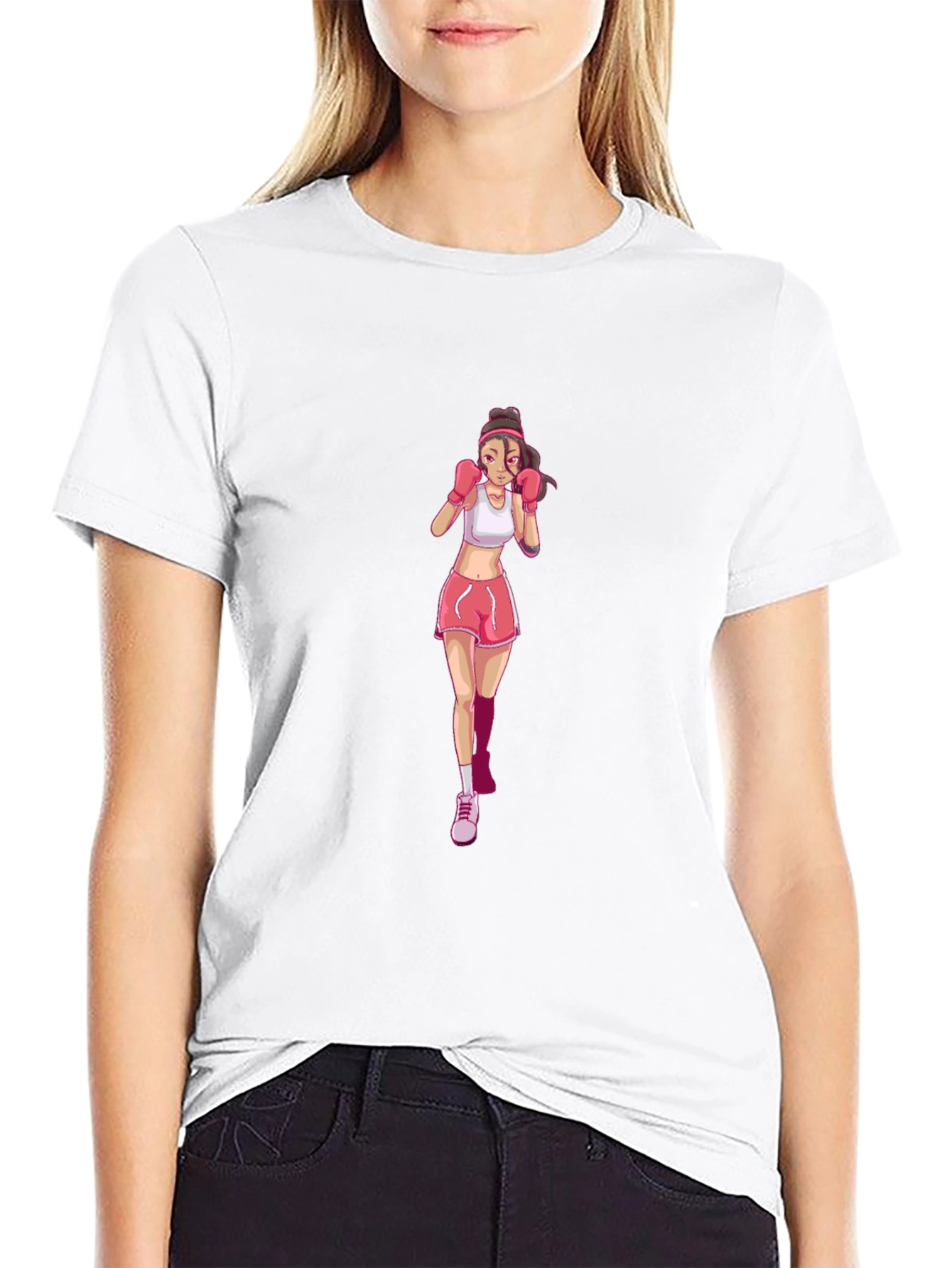 Boxing Girl Graphic Tee - Black Cotton T-Shirt
