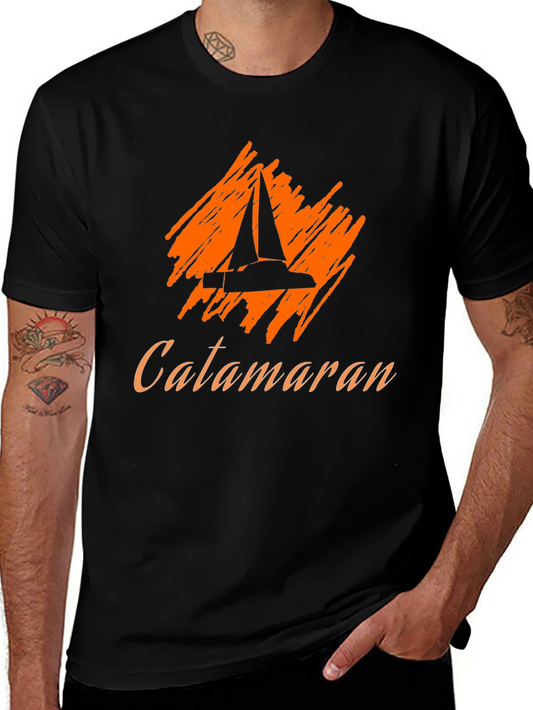 Catamaran Sailboat Graphic Tee - Black Cotton T-Shirt