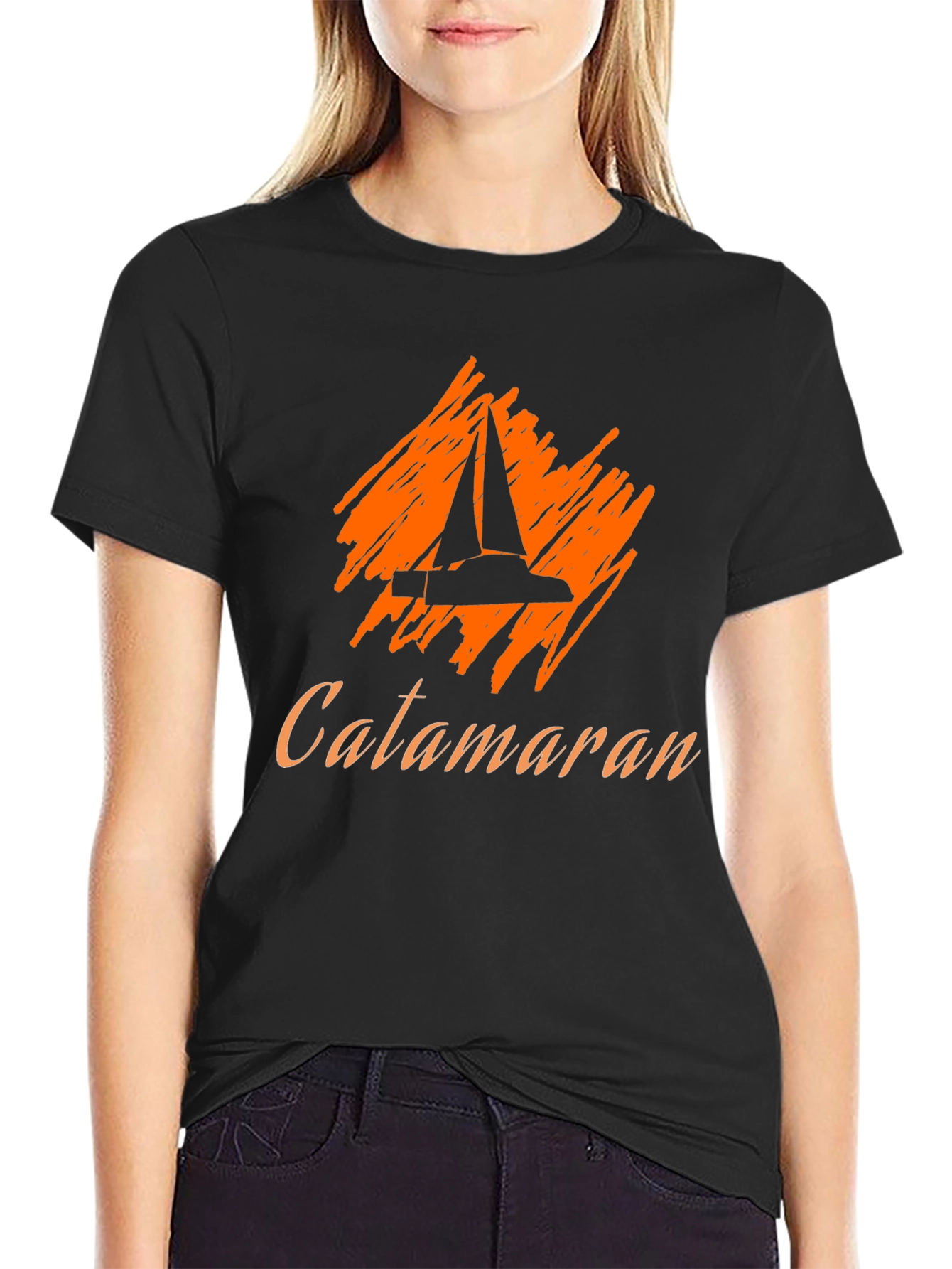 Catamaran Sailboat Graphic Tee - Black Cotton T-Shirt