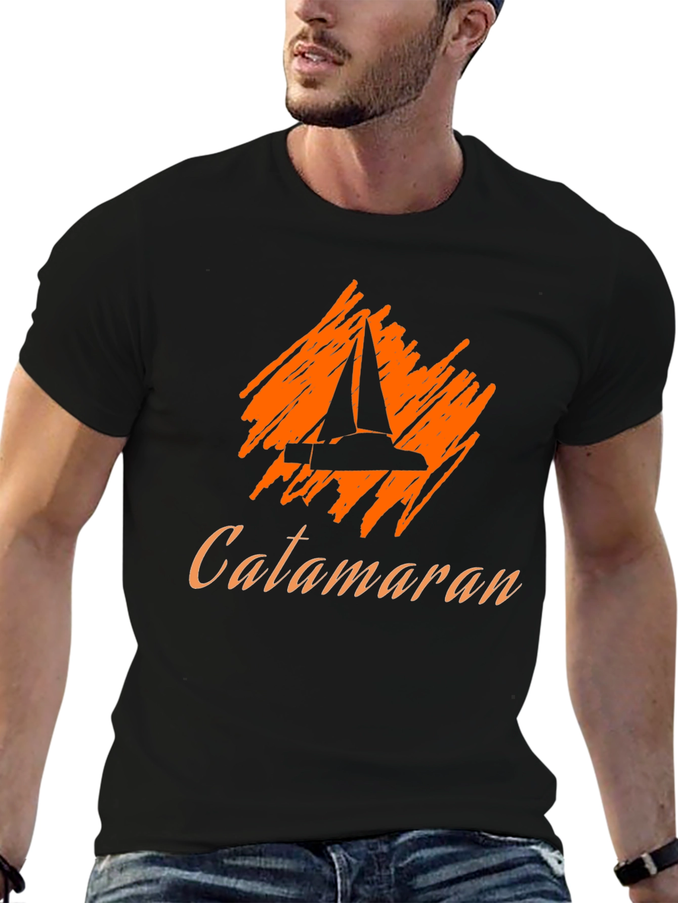 Catamaran Sailboat Graphic Tee - Black Cotton T-Shirt