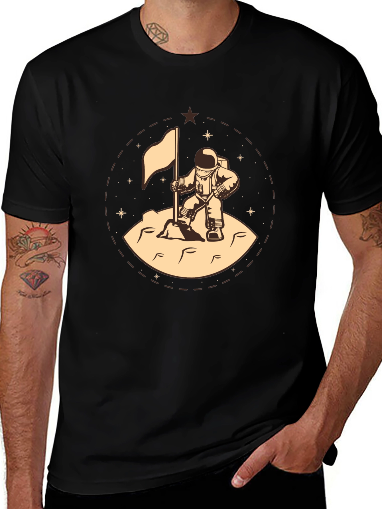 Astronaut Flag Graphic Tee - Black Cotton T-Shirt