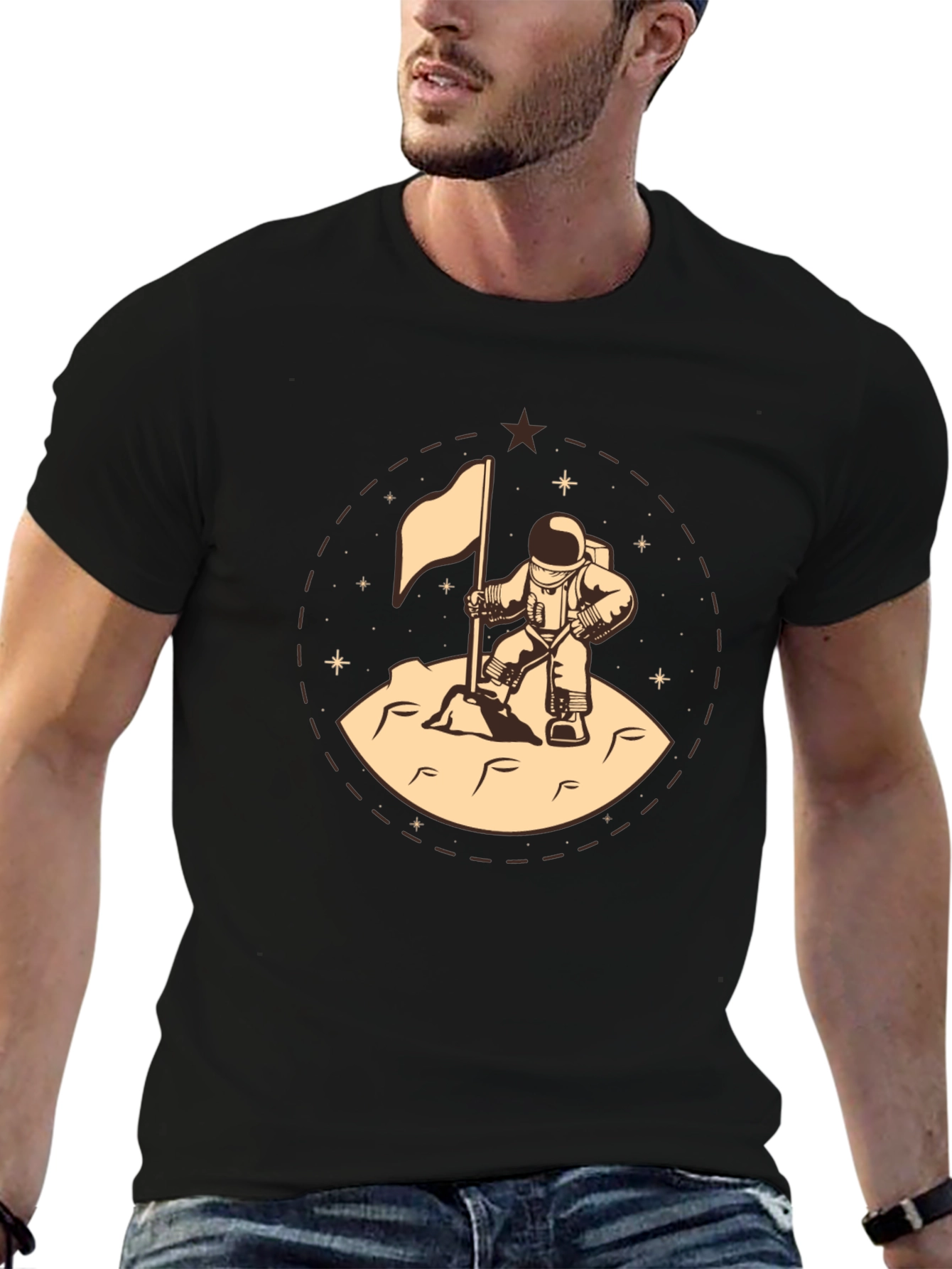 Astronaut Flag Graphic Tee - Black Cotton T-Shirt