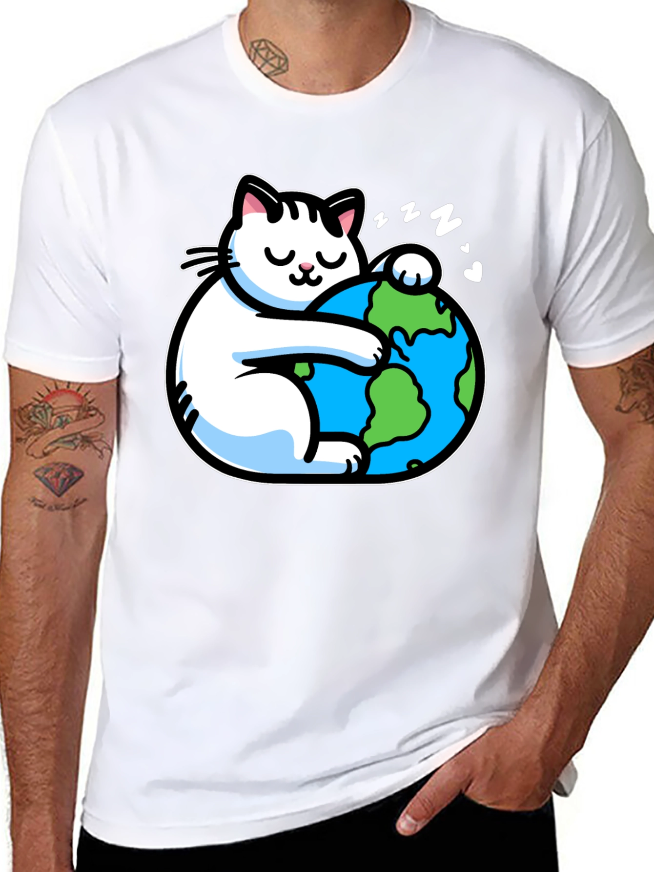 Cat Hugging Earth T-Shirt - Black