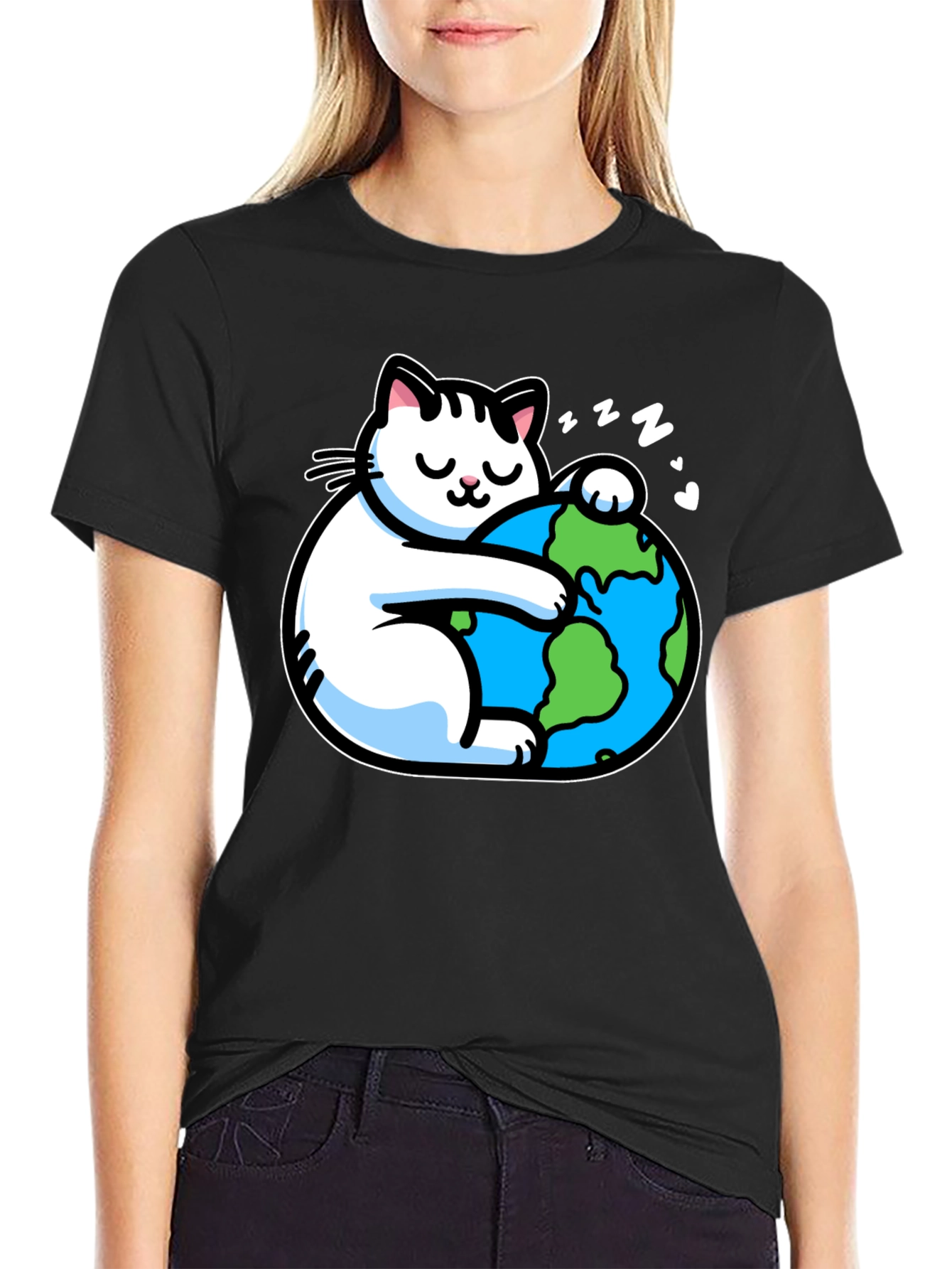 Cat Hugging Earth T-Shirt - Black