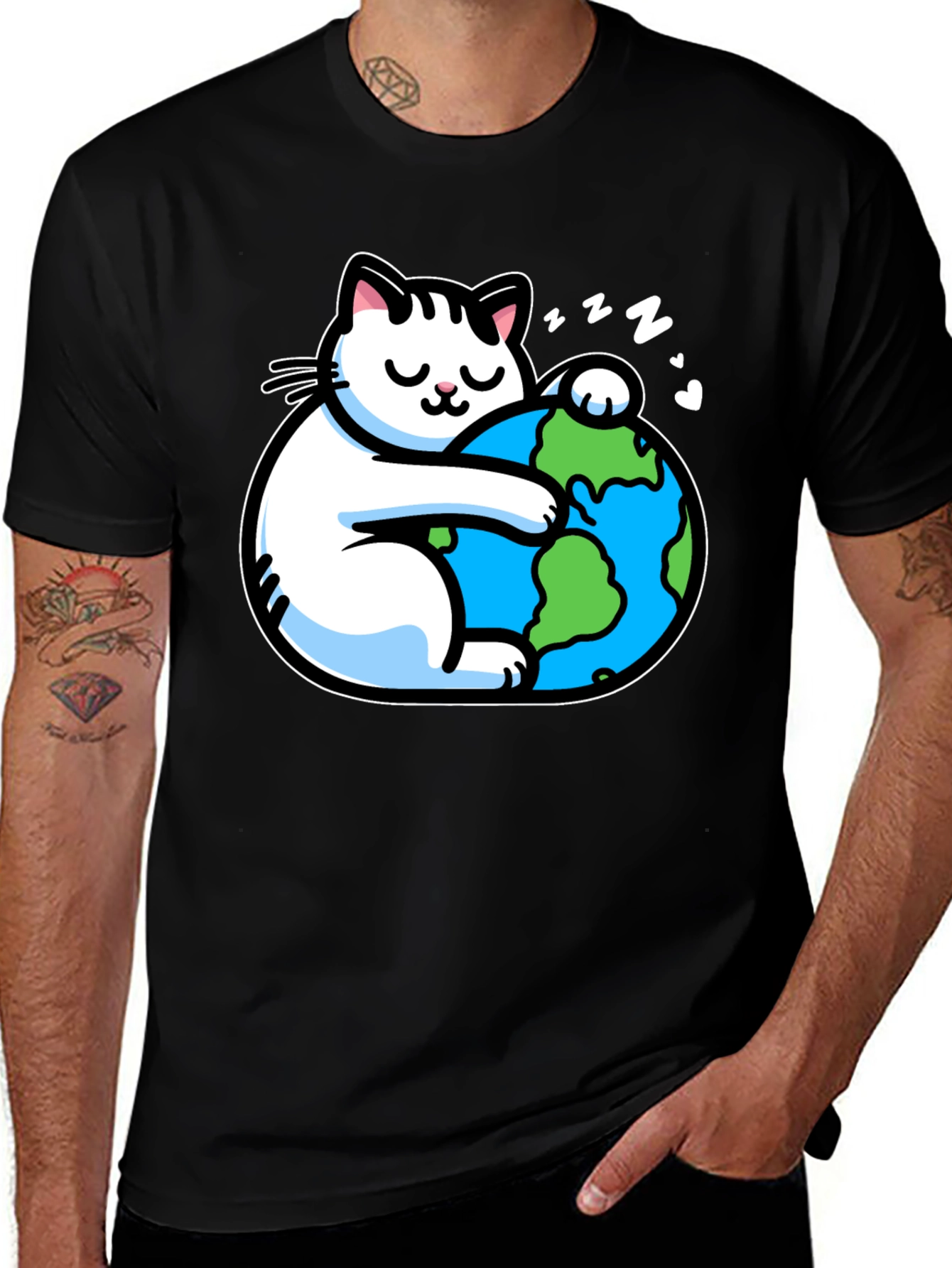 Cat Hugging Earth T-Shirt - Black
