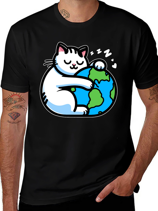 Cat Hugging Earth T-Shirt - Black