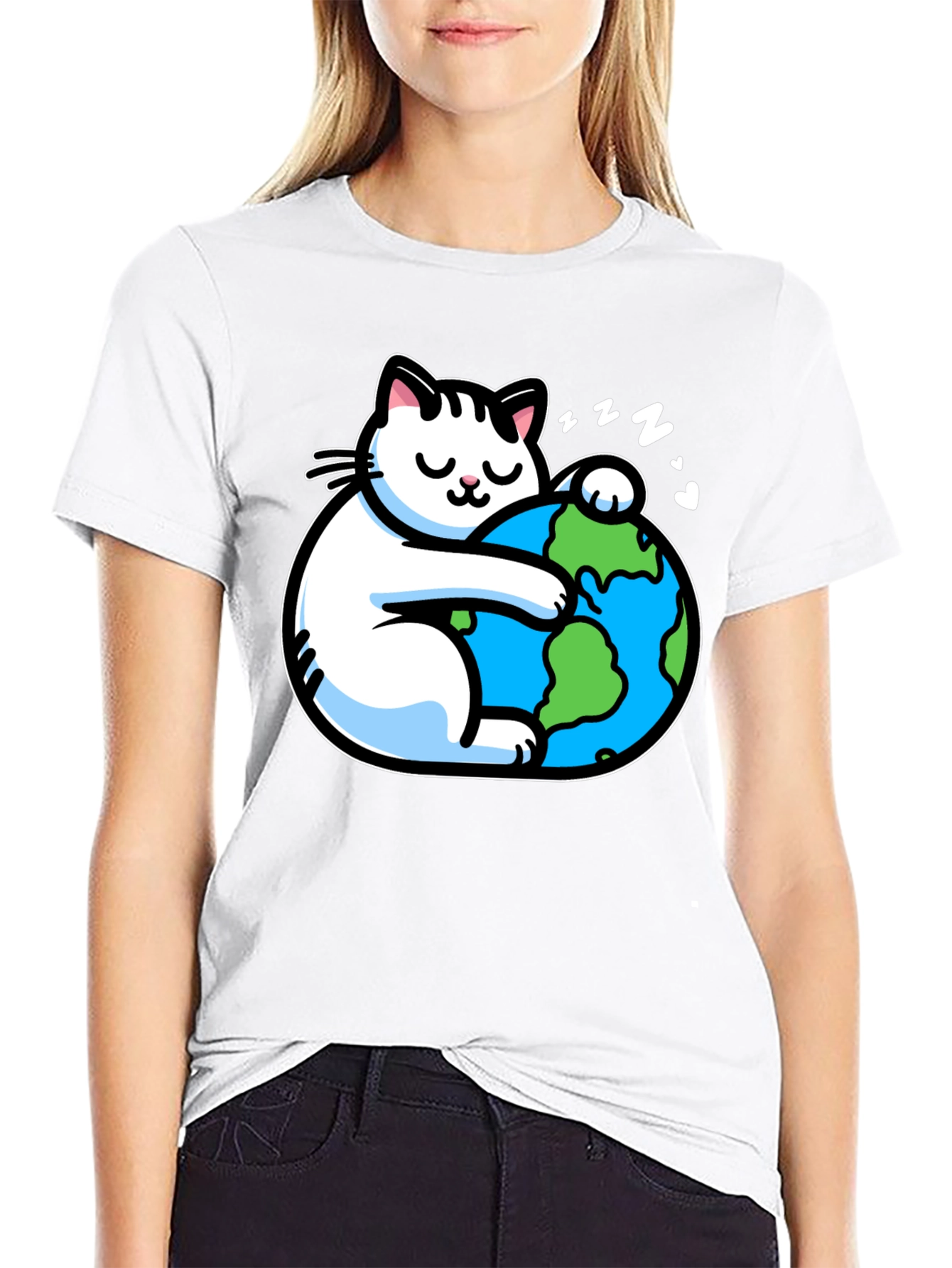 Cat Hugging Earth T-Shirt - Black