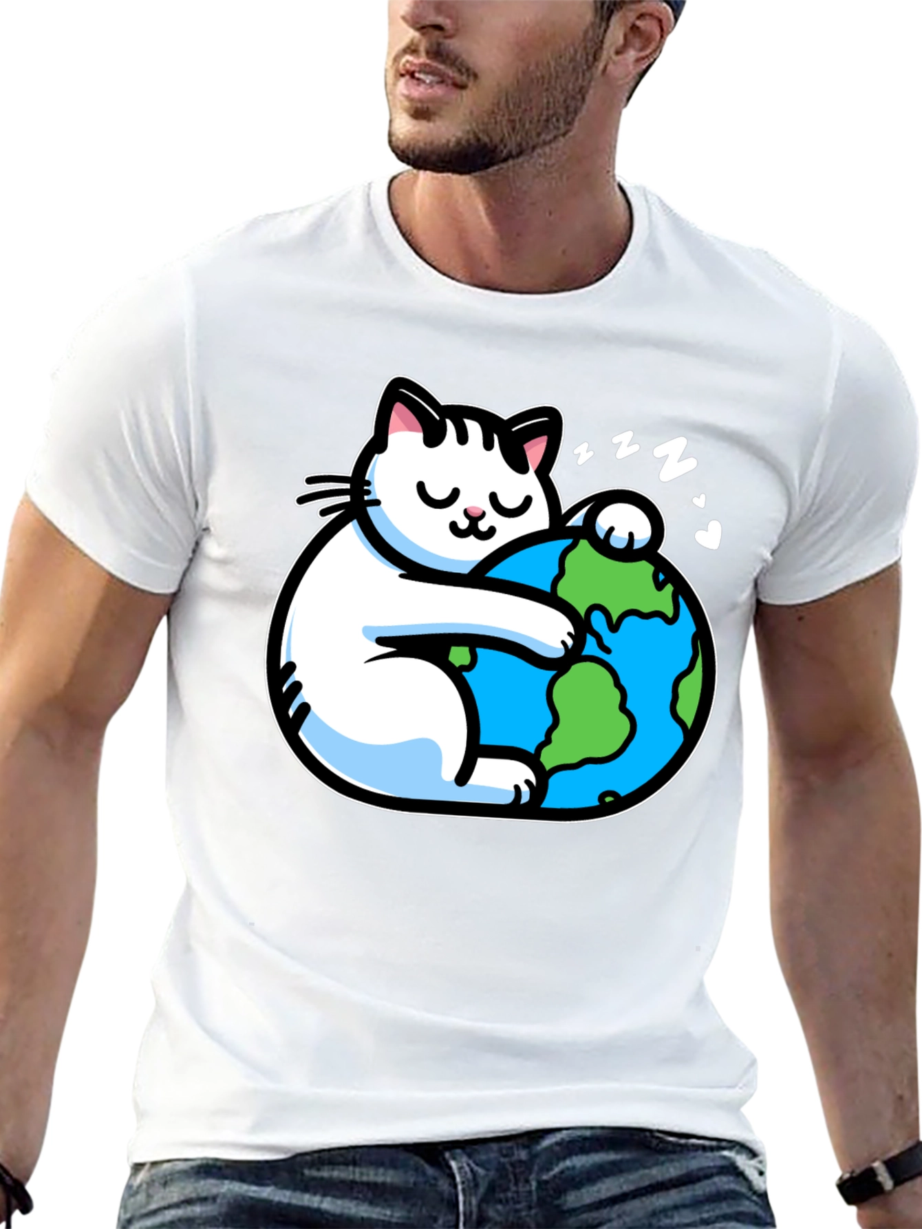 Cat Hugging Earth T-Shirt - Black