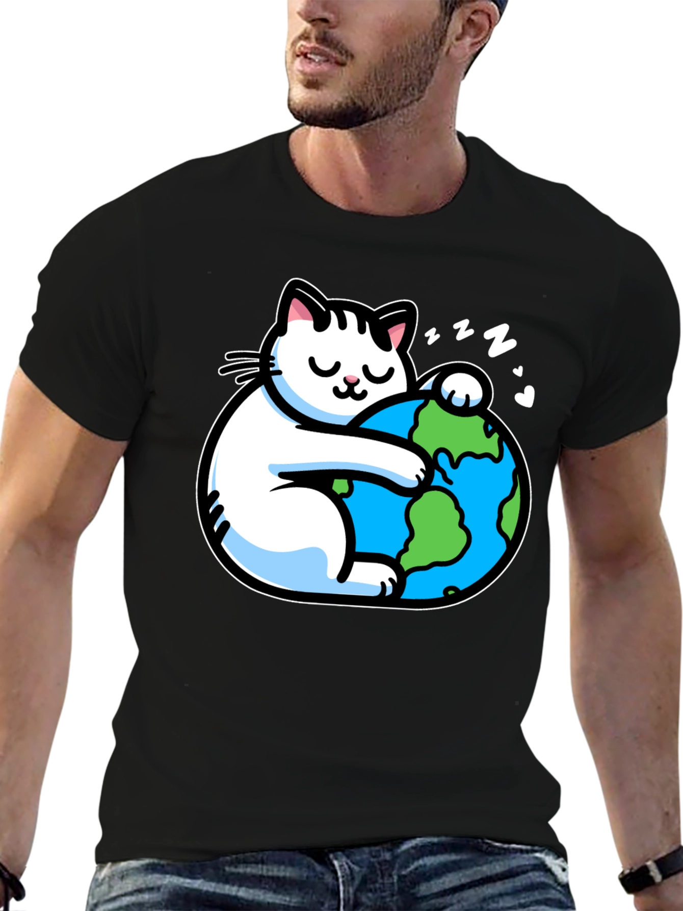 Cat Hugging Earth T-Shirt - Black