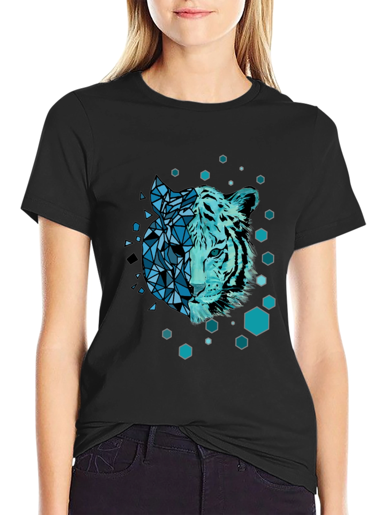 Geometric Tiger Graphic Black Tee Shirt