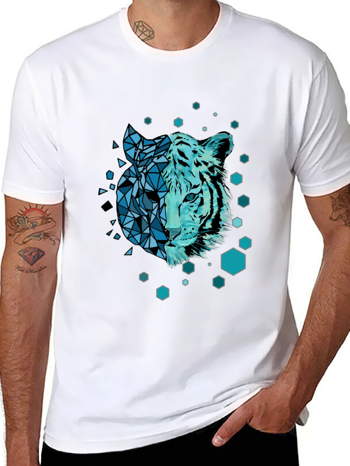 Geometric Tiger Graphic Black Tee Shirt