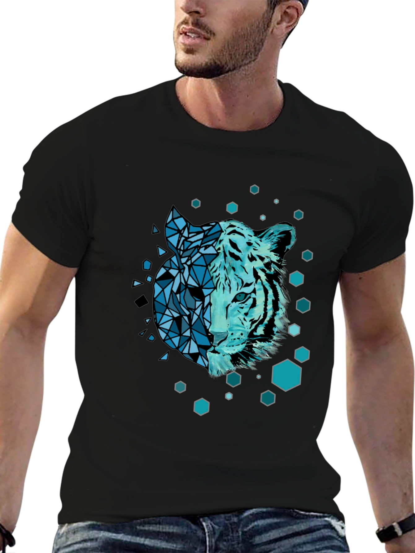 Geometric Tiger Graphic Black Tee Shirt