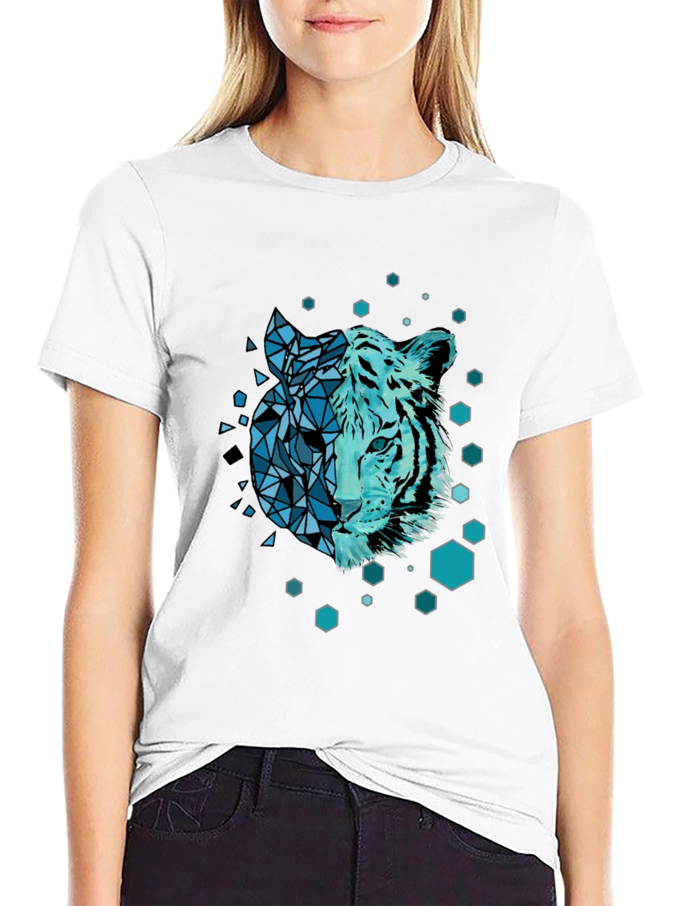Geometric Tiger Graphic Black Tee Shirt