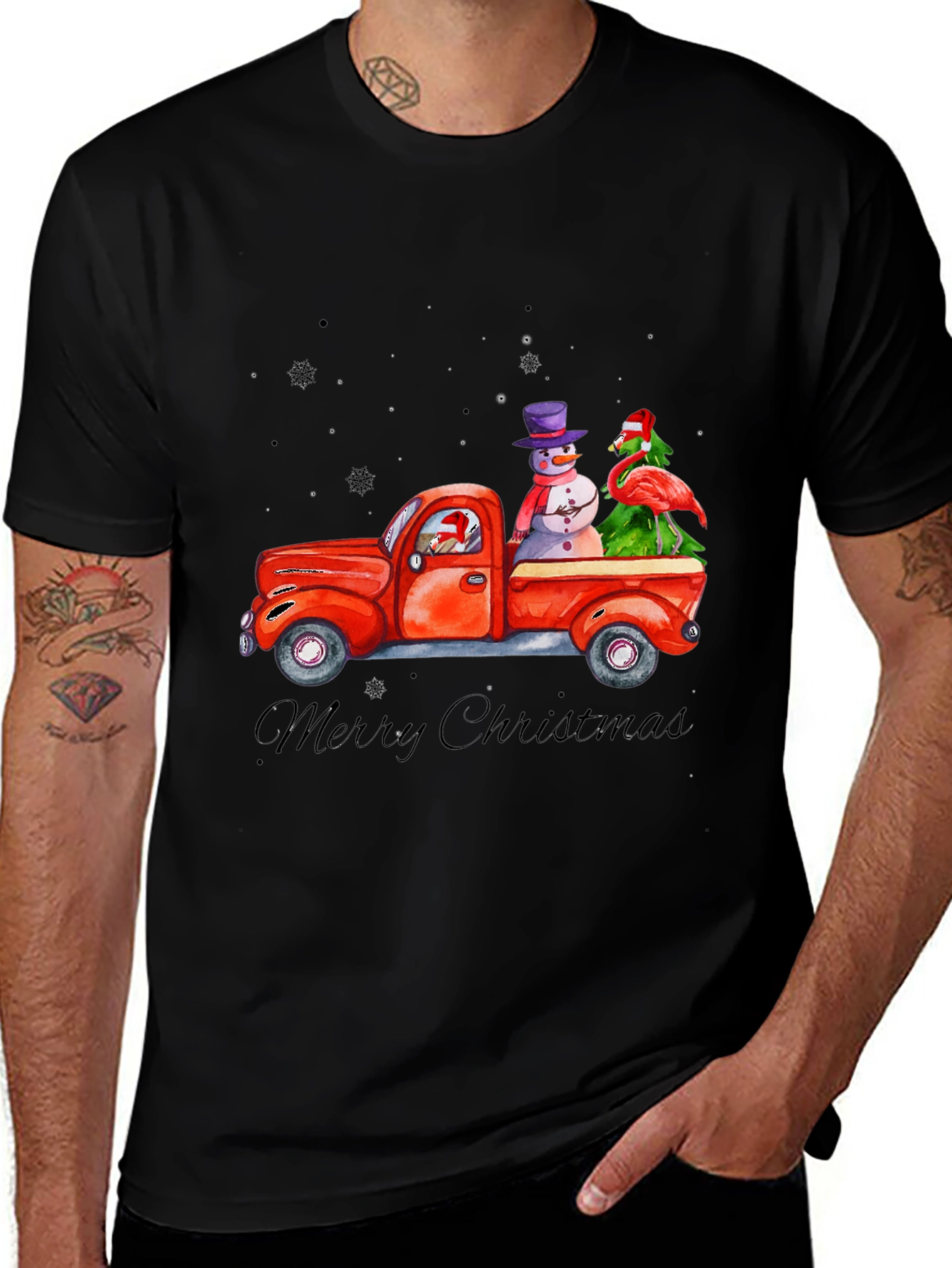 Christmas Truck T-Shirt with Snowman & Flamingo