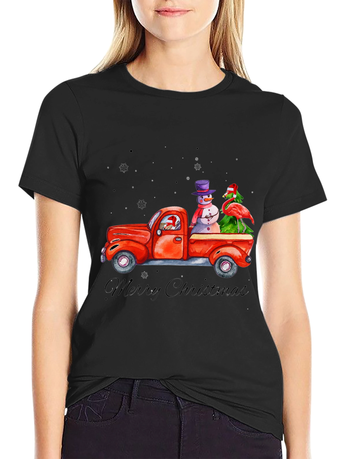 Christmas Truck T-Shirt with Snowman & Flamingo