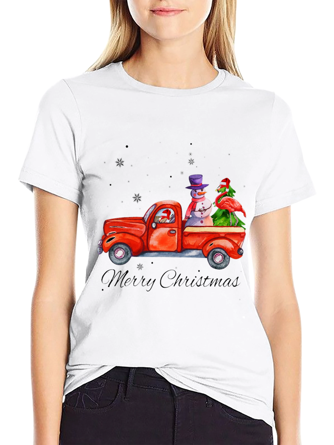 Christmas Truck T-Shirt with Snowman & Flamingo