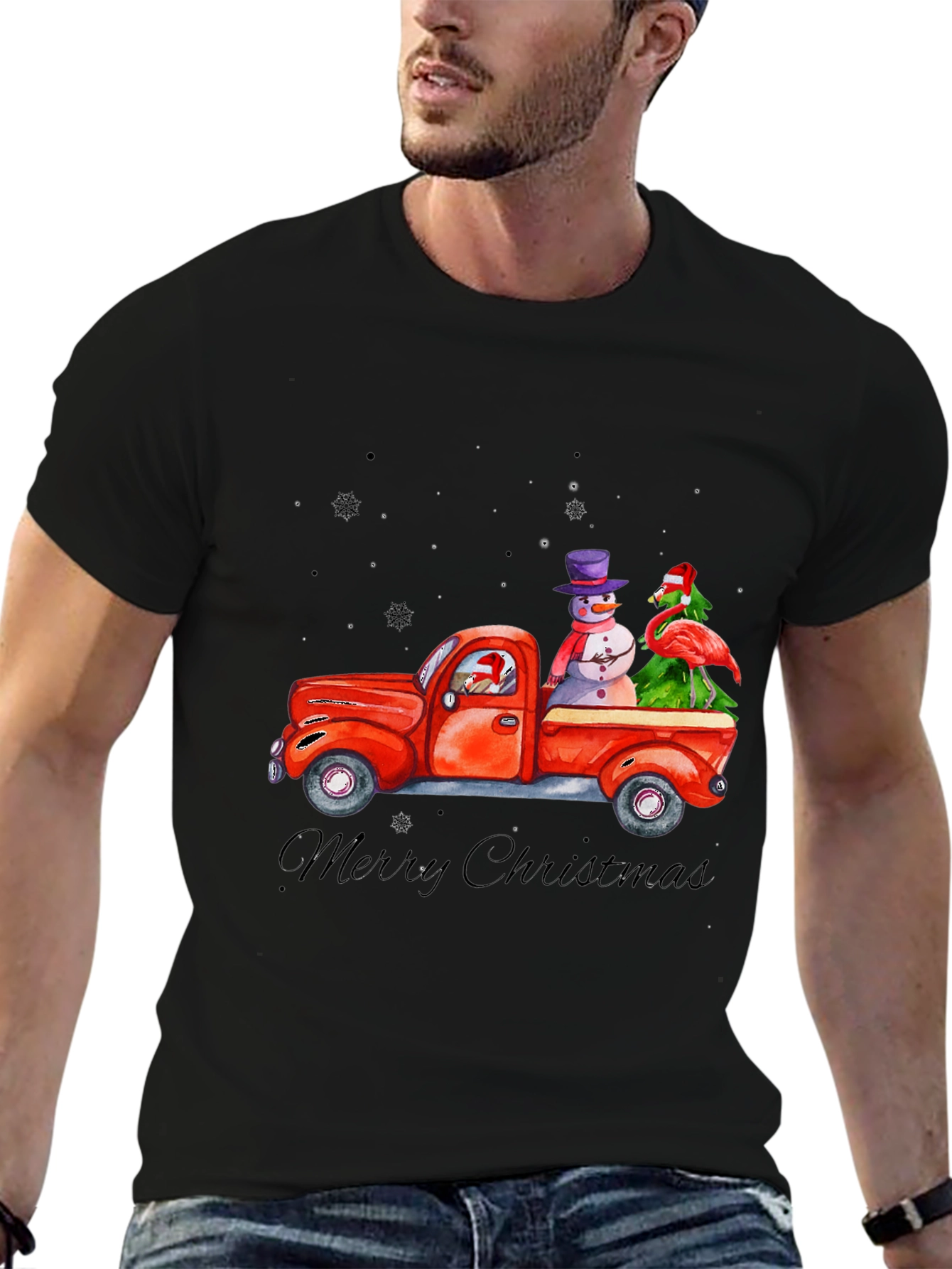 Christmas Truck T-Shirt with Snowman & Flamingo