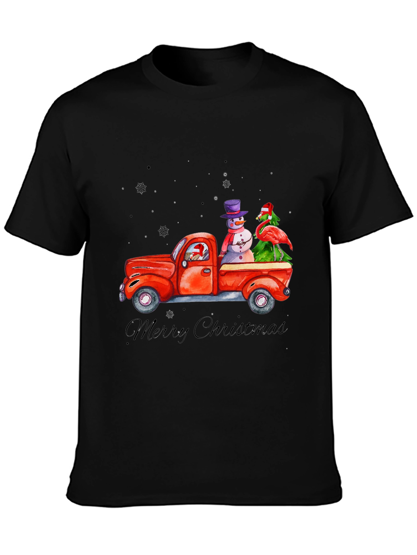 Christmas Truck T-Shirt with Snowman & Flamingo