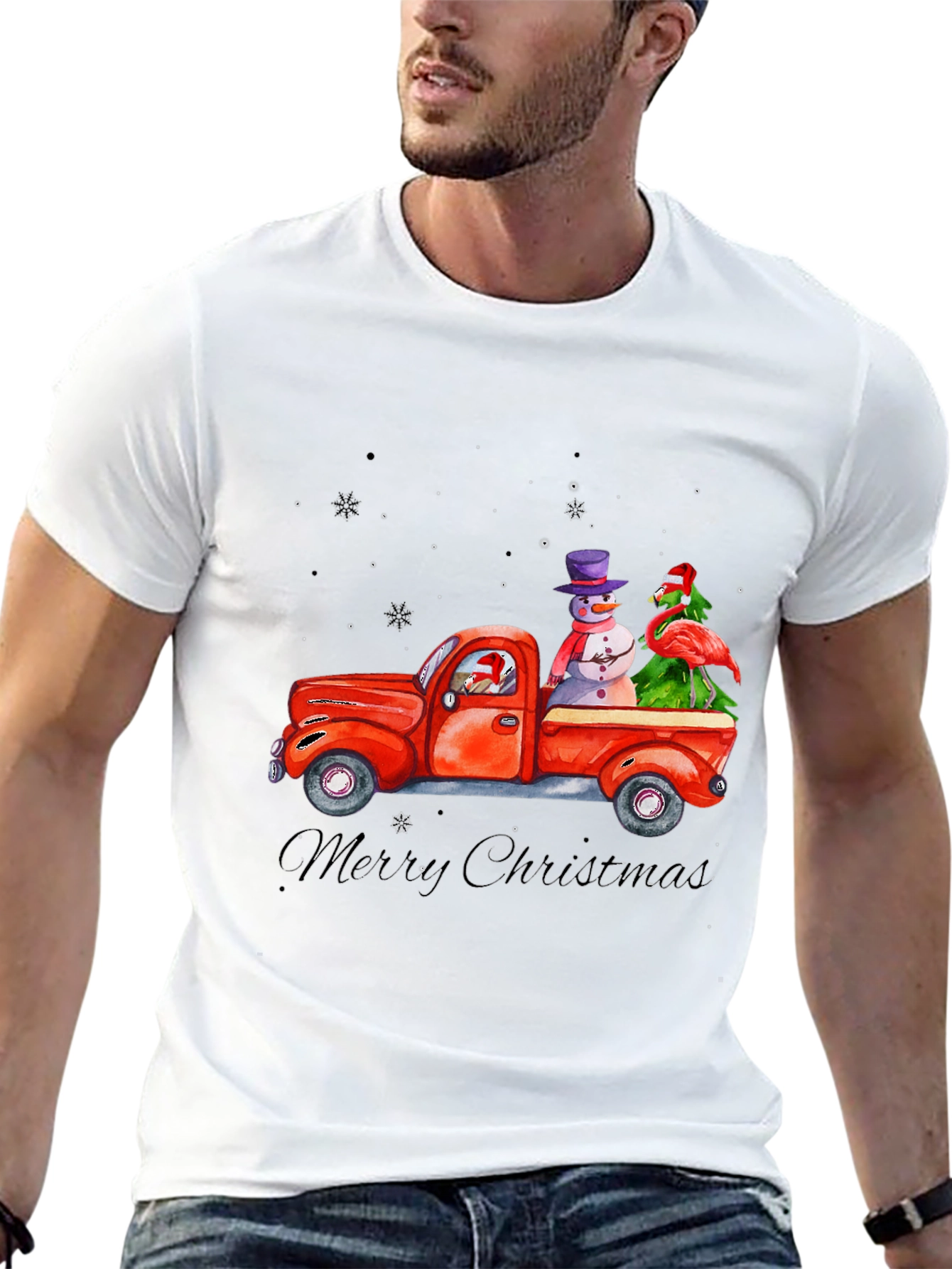 Christmas Truck T-Shirt with Snowman & Flamingo