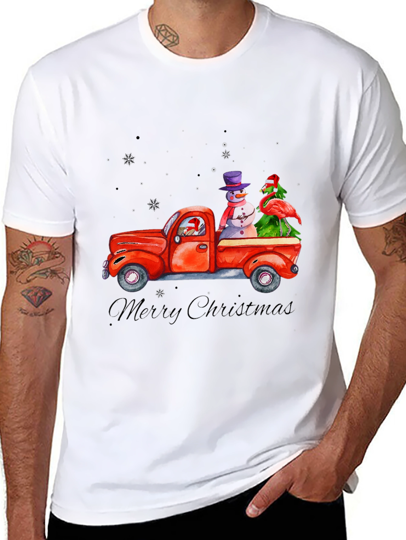 Christmas Truck T-Shirt with Snowman & Flamingo
