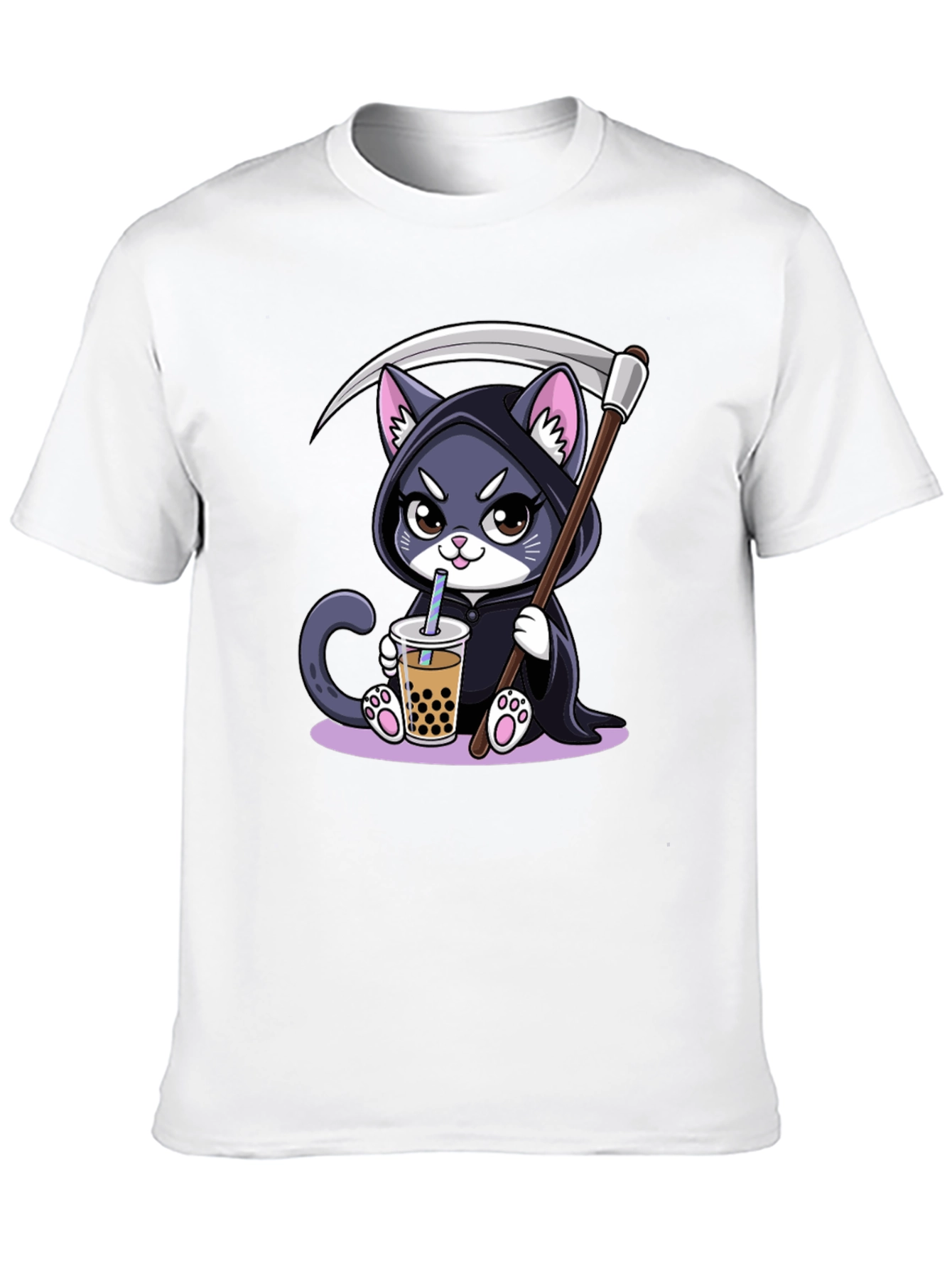 Grim Reaper Cat Boba T-Shirt - Kawaii Cute Design